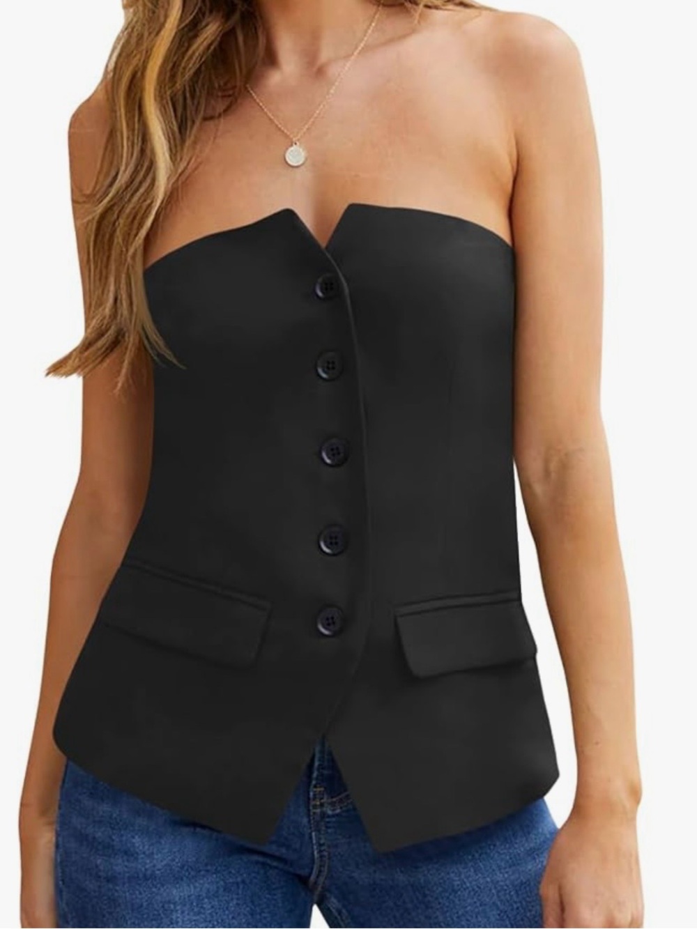 Cicy Bell Notched Neck Tube Tops Blazer Sleeveless Button - Size Medium